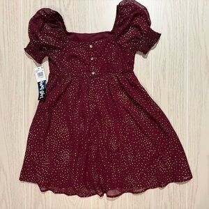 Trixxi Girl Burgundy Gold Dot Party Dress Size 8 Puff Sleeve Holiday NEW